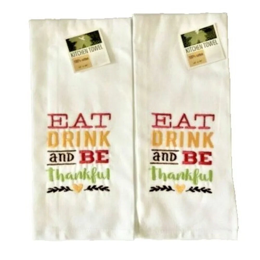 Thanksgiving Kitchen Dish Towels Set of 2 Embroidered Thankful Cotton Sack Cloth